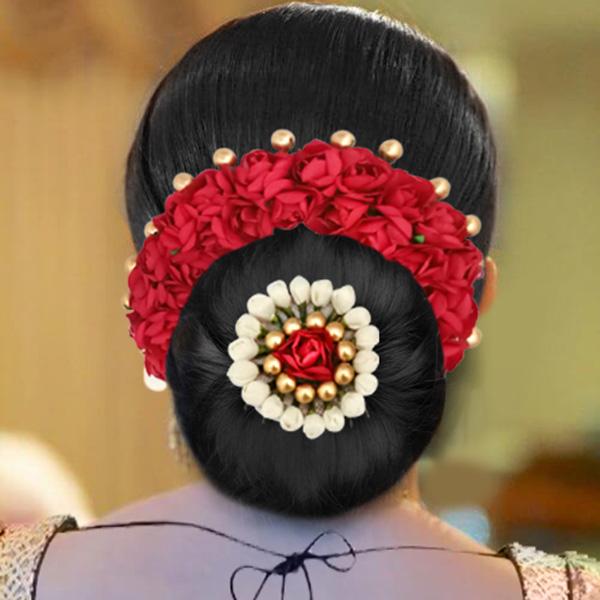 Apurva Pearls Red Floral Hair Brooch - 1502298B