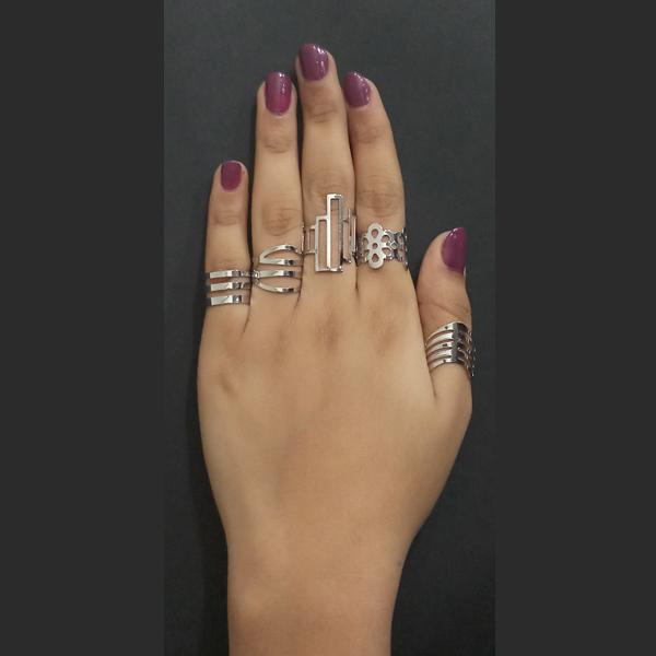 Urthn Adjustable Silver Plated 5 Finger Ring Set - 1502911