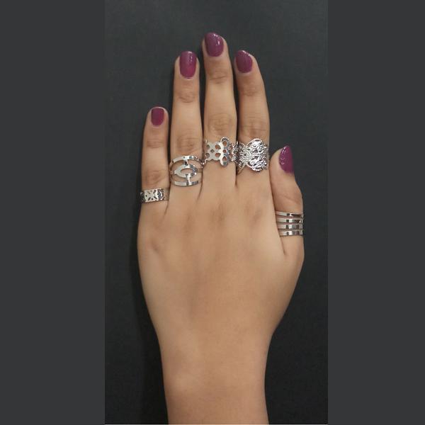 Urthn Zinc Alloy Silver Plated 5 Finger Ring Set - 1502913