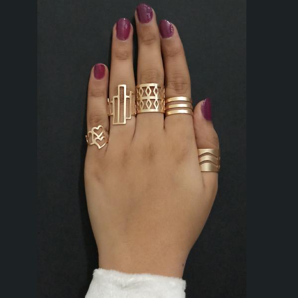 Urthn Adjustable Gold Plated 5 Finger Ring Set - 1502917