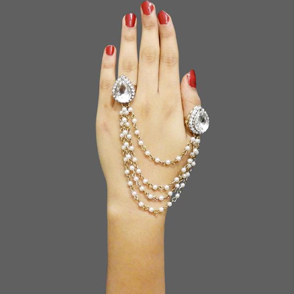 Apurva Pearls Stone Pearl Tassel Chain Double Finger Ring - 1503201A