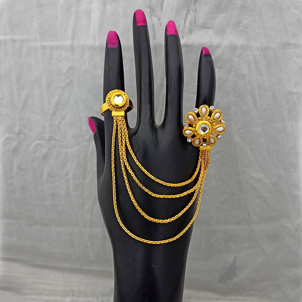 Kriaa Brown Austrian Stone And PearlChain Double Finger Ring