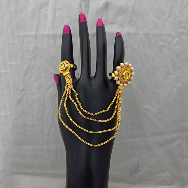 Kriaa Austrian Stone And Pearl Chain Double Finger Ring