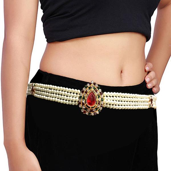 Tip Top Fashions Maroon Kundan Stone Pearl Chain Kamarband - 1503432