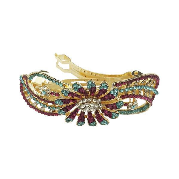 Apurva Pearls Green And Pink Austrian Stone Barrette Hair Clip - 1505237F