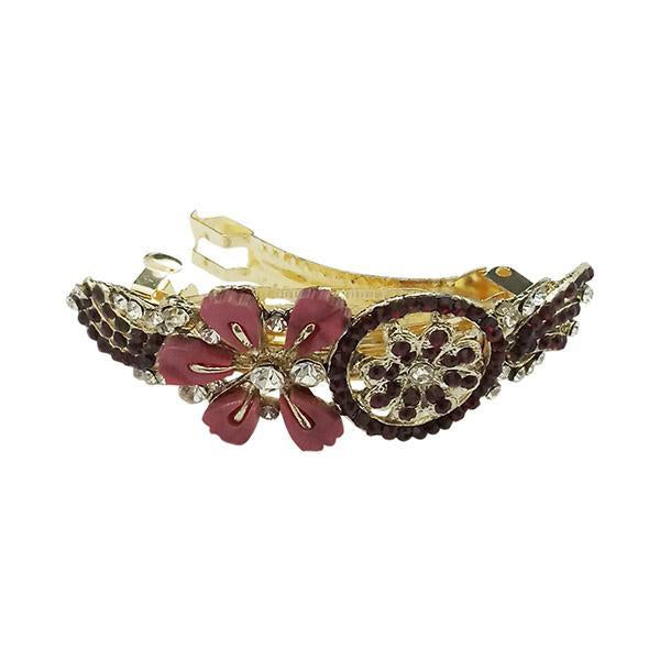 Apurva Pearls Maroon Austrian Stone Floral Barrette Hair Clip - 1505238A