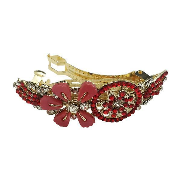 Apurva Pearls Red Austrian Stone Floral Barrette Hair Clip - 1505238E