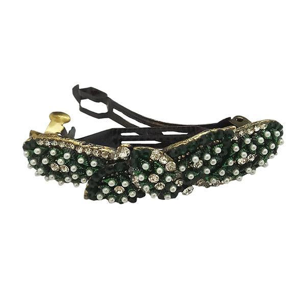 Apurva Pearls White Pearl Green Austrian Stone Barrette Hair Clip - 1505247D