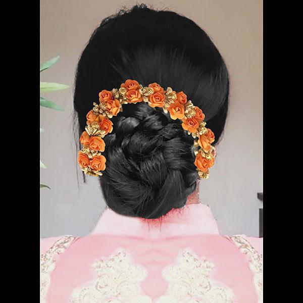 Apurva Pearls Orange Floral Hair Brooch - 1505401B