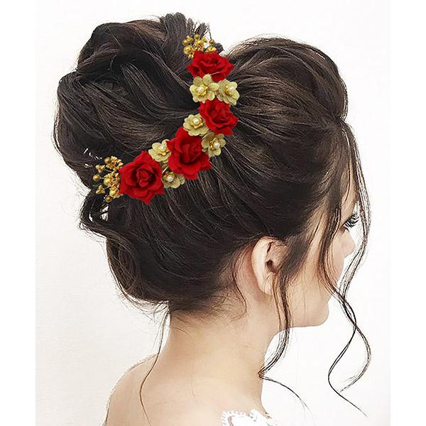 Apurva Pearls Red And Gold Floral Hair Brooch - 1505418B