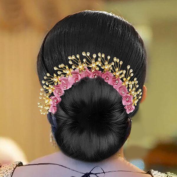 Apurva Pearls  Austrian Stone Pink Floral Hair Brooch - 1505420