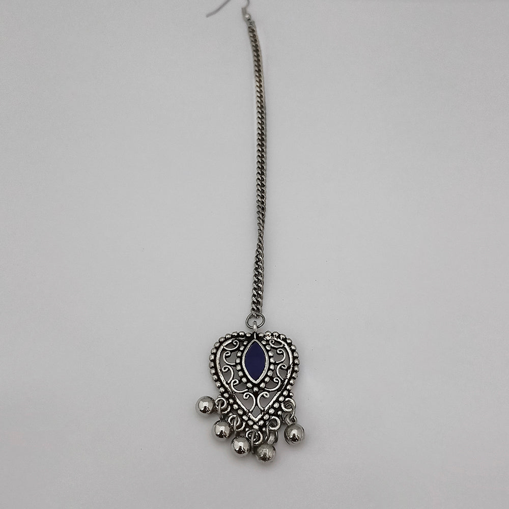 Jeweljunk Blue Oxidised Silver Plated Maang Tikka - 1505610C