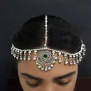 Jeweljunk Green Oxidised Silver Plated Maang Tikka - 1505633B