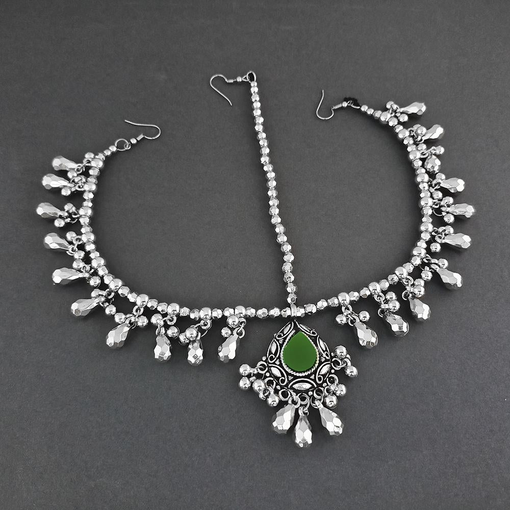 Jeweljunk Green Oxidised Silver Plated Maang Tikka  -  1505636A