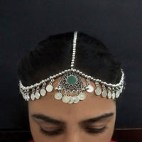 Jeweljunk Green Oxidised Silver Plated Maang Tikka - 1505637