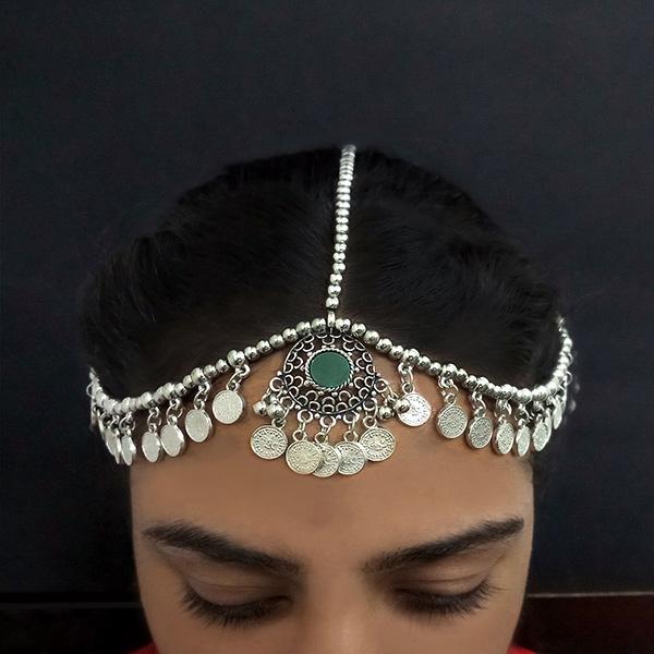 Jeweljunk Green Oxidised Silver Plated Maang Tikka - 1505637