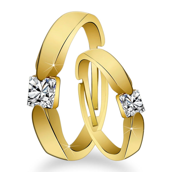 Urbana Golden Plated Solitaire Couple Ring Set With Crystal Stone-1506313