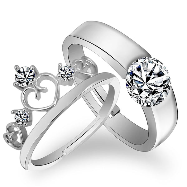 Urbana Rhodium Plated Solitaire Couple Ring Set With Crystal Stone-1506331
