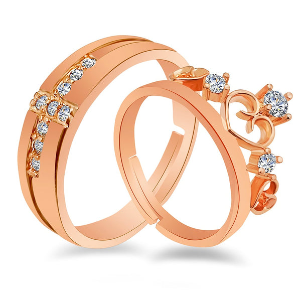 Urbana Gold Plated Solitaire Couple Ring Set With Crystal Stone-1506332A