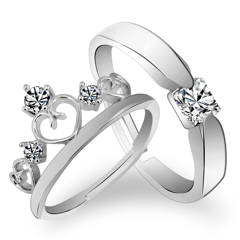 Urbana Rhodium Plated Solitaire Couple Ring Set With Crystal Stone-1506334
