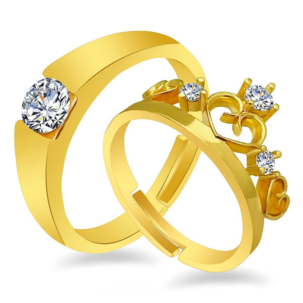 Urbana Gold Plated Solitaire Couple Ring Set With Crystal Stone-1506335B