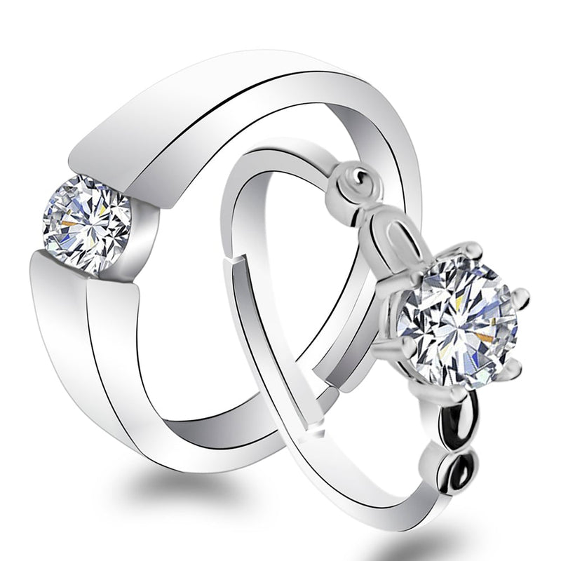 Urbana Rhodium Plated Solitaire Couple Ring Set With Crystal Stone-1506374