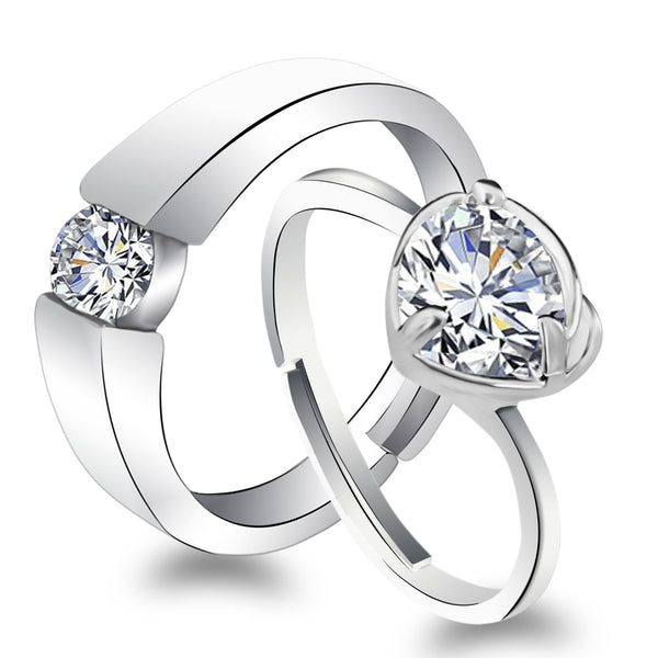 Urbana Rhodium Plated Solitaire Couple Ring Set With Crystal Stone-1506375