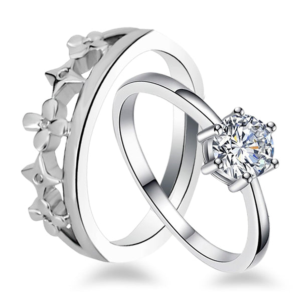 Urbana Rhodium Plated Solitaire Couple Ring Set With Crystal Stone-1506380