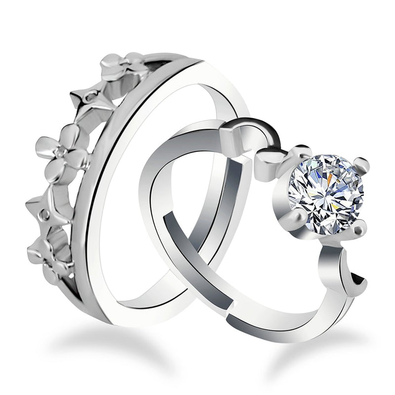 Urbana Rhodium Plated Solitaire Couple Ring Set With Crystal Stone-1506381