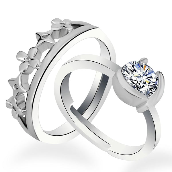 Urbana Rhodium Plated Solitaire Couple Ring Set With Crystal Stone - 1506382-1506382
