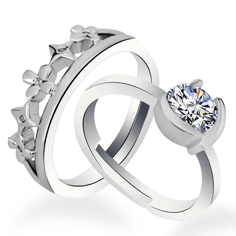 Silver Shine Silver Plated Adjustable Couple Rings Set for lovers Solitaire  for Men and Women 2 Pair