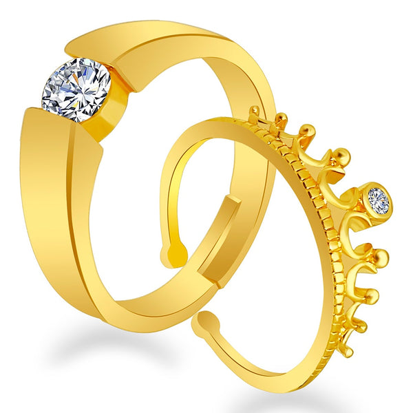 Urbana Gold Plated Solitaire Couple Ring Set With Crystal Stone-1506398