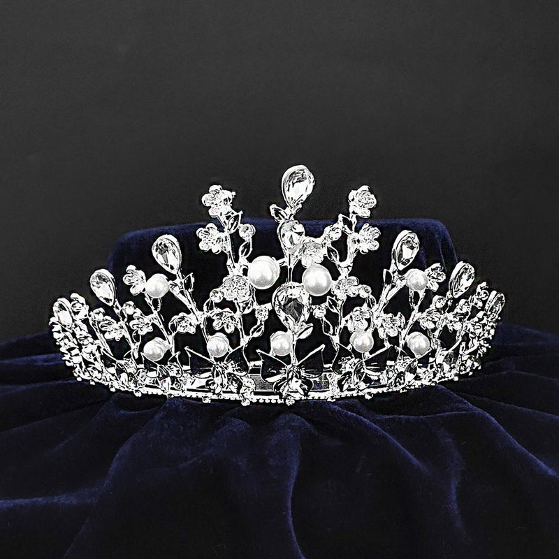 Kriaa Silver Plated White Austrian Stone Crown-1506606