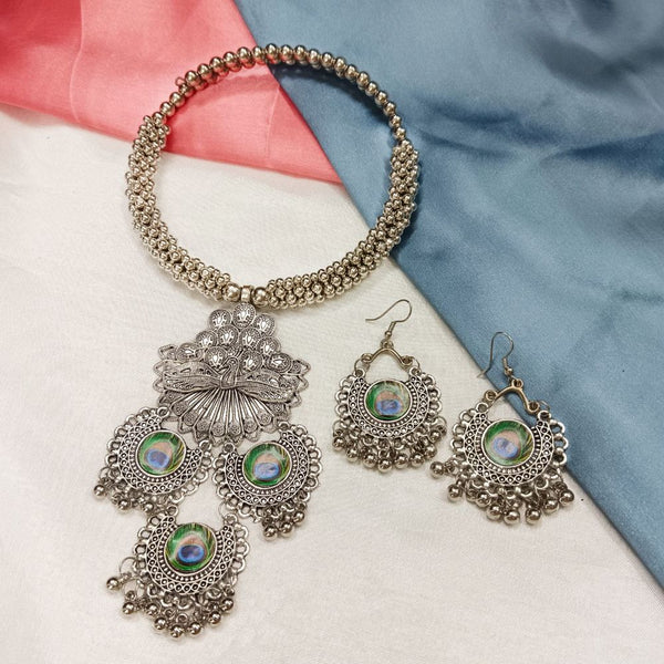 Bhavi Oxidised Plated Peacock Necklace Set