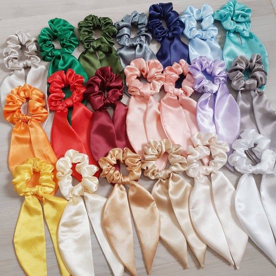 Raj Creation Assorted Color Pack Of 6 Hair Ribbon Scrunchies Ties Satin Floral Scarf Hair Rubber Band