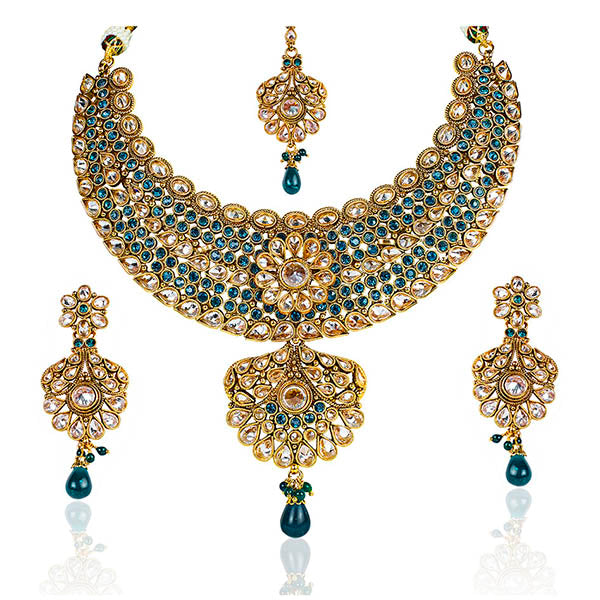 Mithya Kundan Gold Plated Stone Necklace Set With Maang Tikka