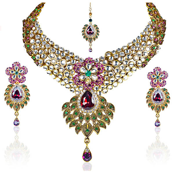 Mithya Gold Plated Stone Kundan Necklace Set With Maang Tikka