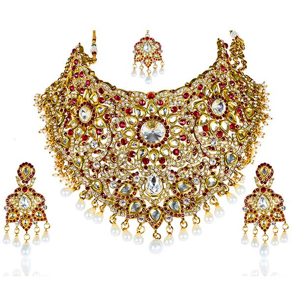 Mithya Gold Plated Stone Necklace Set With Maang Tikka - 2000117