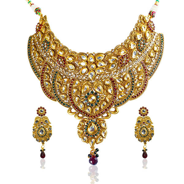 Mithya Gold Plated Maroon And Green Stone Necklace Set - 2000120