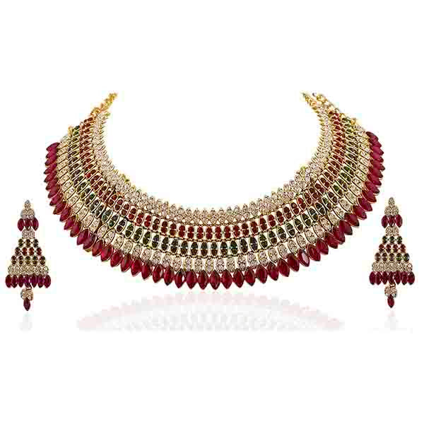 Vivaah Kundan Gold Plated Maroon And Green Necklace Sets - 2000307