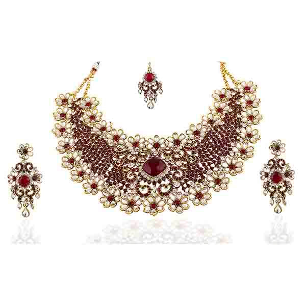 Vivaah Maroon Stone Gold Plated Necklace Sets With Maang Tikka - 2000319