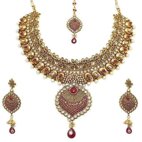 Vivaah Maroon Stone Gold Plated Necklace Sets With Maang Tikka - 2000501