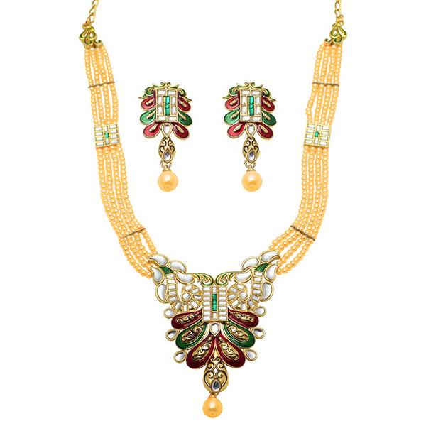 Tip Top Fashions Gold Plated Maroon Meenakari And Stone Necklace Set - 2000503