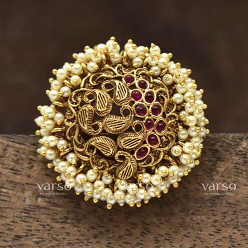 Varso Gold Polish Brass Pearl Fitting Adjustable Ring - 20131A