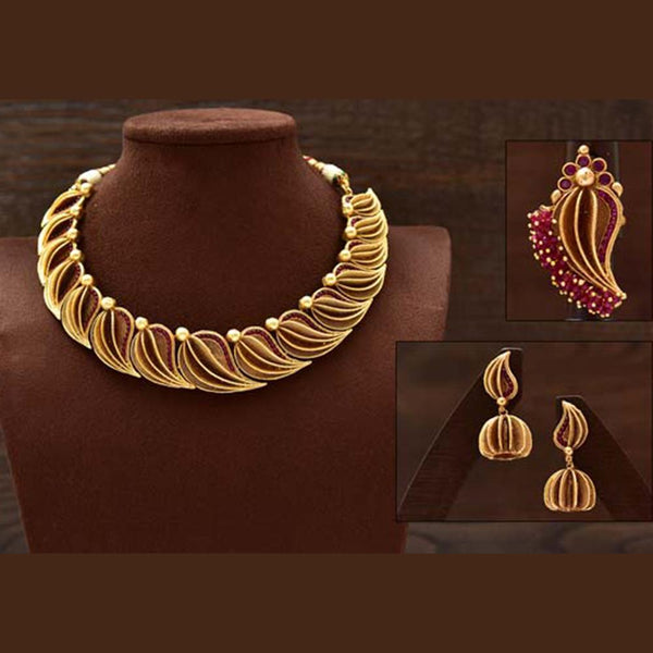 Varso Kempu Gold Polish Brass Alloy  Fitting Adjustable Thread Necklace Set - 2020765