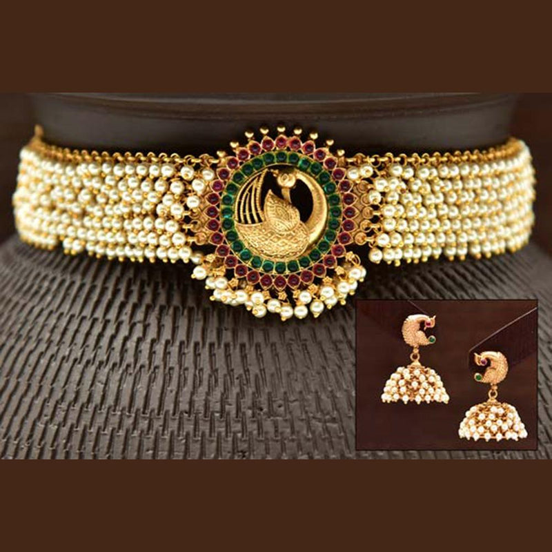 Varso Kempu & Green Stone Gold Polish Brass Alloy Pearl  Fitting Adjustable Thread Necklace Set - 2030384