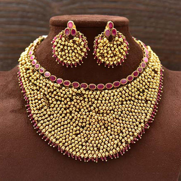 Varso Ruby Gold Polish Brass Alloy Ruby & Ball Fitting Adjustable Thread Necklace Set - 2030417