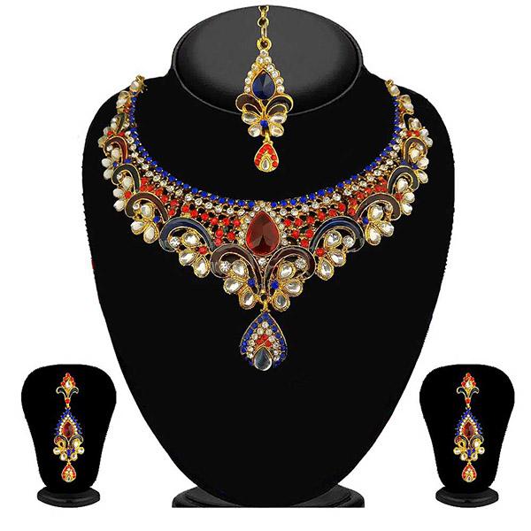 Kriaa Red And Blue Austrian Stone Necklace Set
