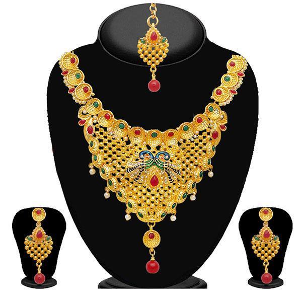 Kriaa Maroon Stone Necklace Set With Maang Tikka - 2100206