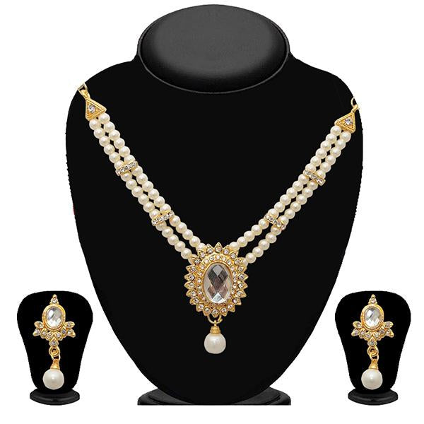 Kriaa Gold Plated White Austrian Stone Pearl Necklace Set - 2100303